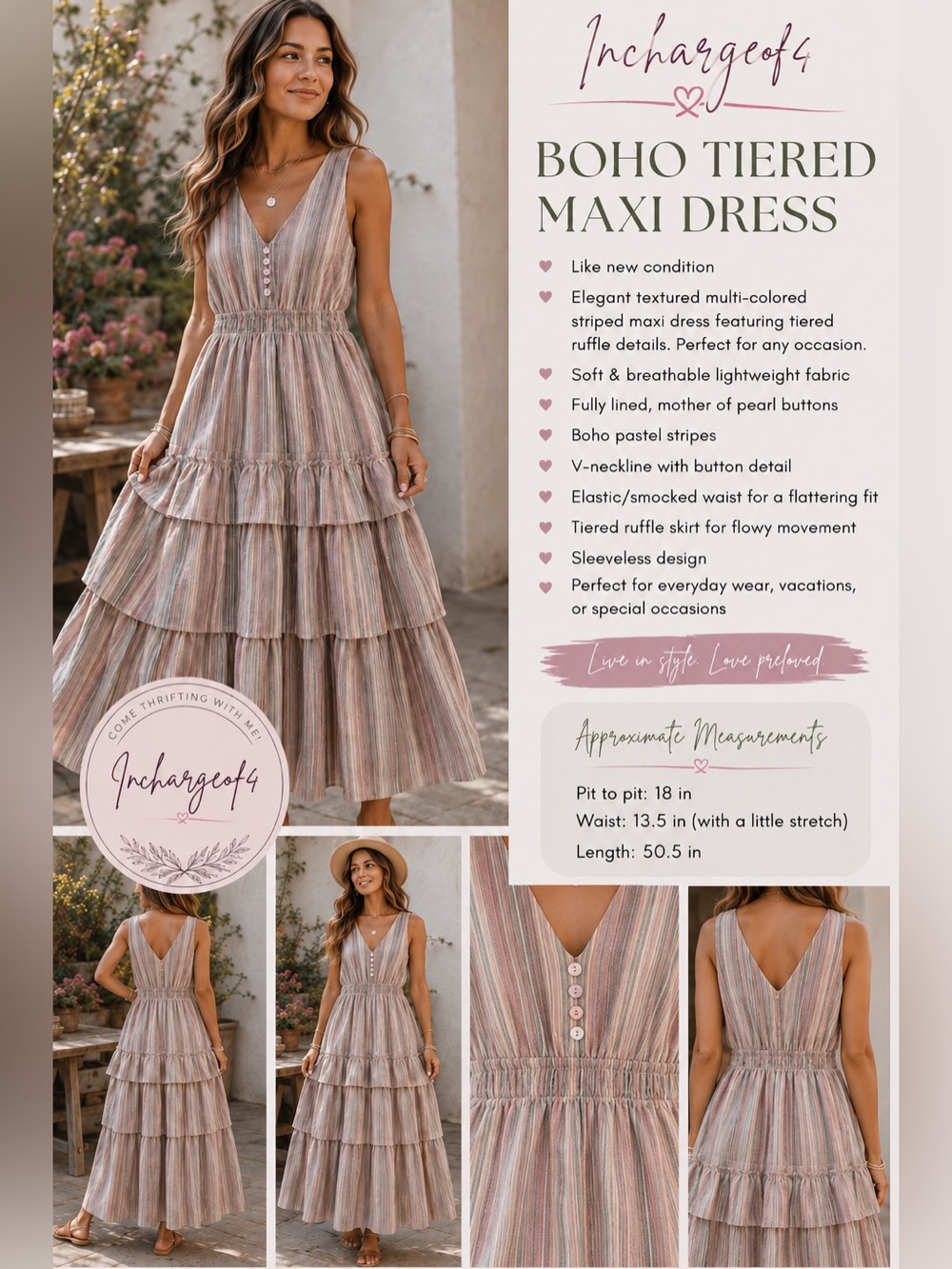 Maronie Striped Textured Maxi Tiered Ruffles Mother of Pearl Buttons, Medium